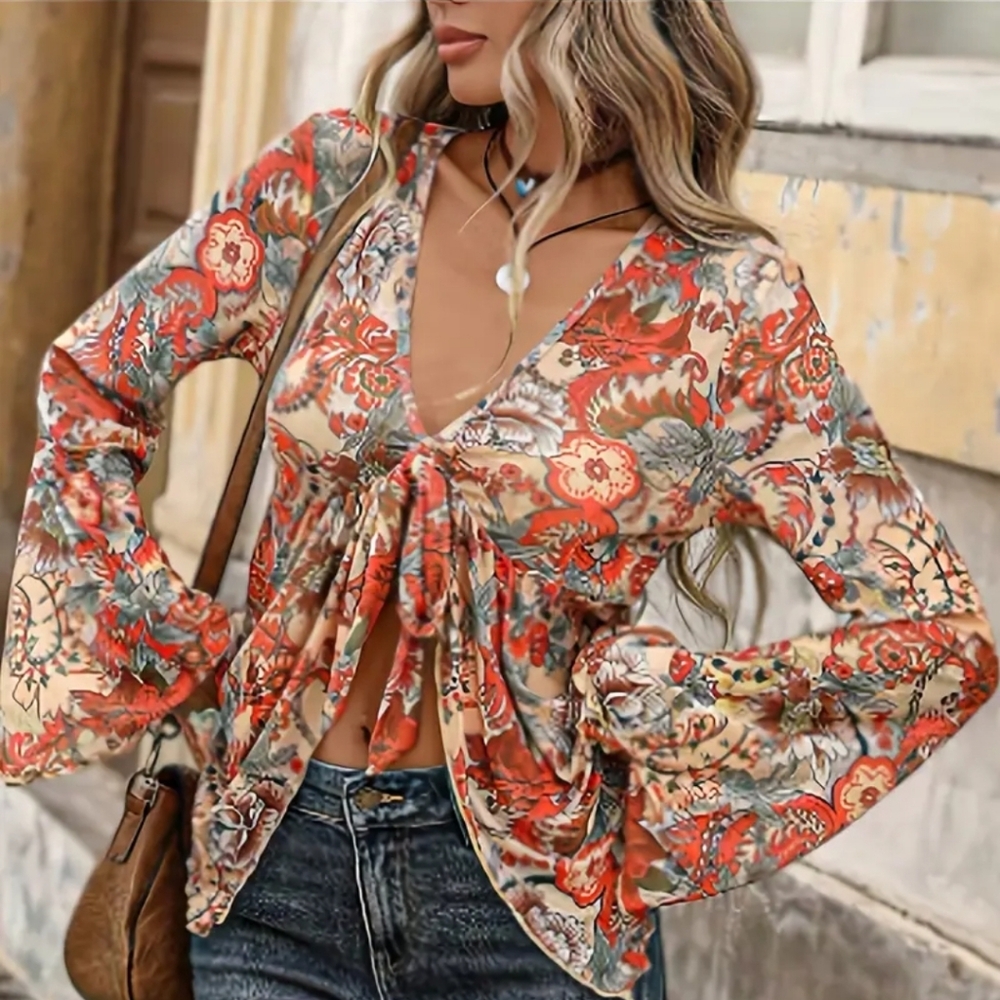 Adorable Bohemian Floral Tie-Front Blouse